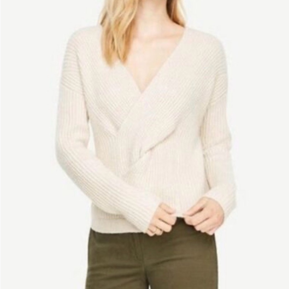 Ann Taylor Ribbed Knit Wool Blend Twist Front Sweater | Cream | Small Petite